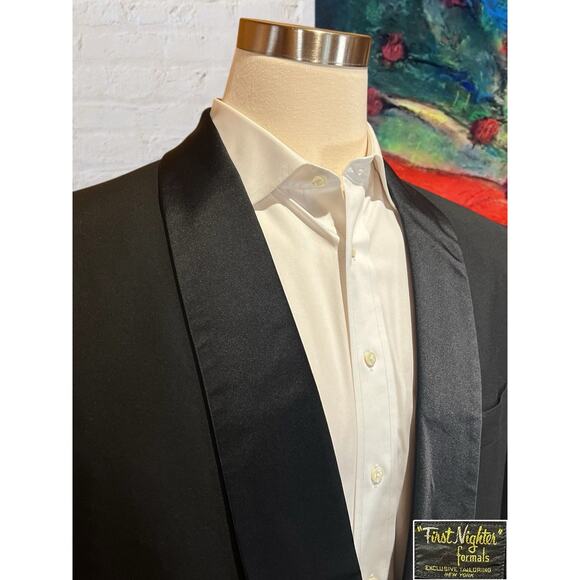 Vtg First Nighter Mens Tuxedo 44L 36x32 Black Tux Suit Adjustable Waist - Picture 3 of 16